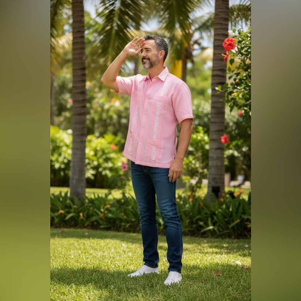 Pink Collared Short Sleeve Shirt.‎ Guayabera with White Embroidery. Snap Buttons - Picture 4 of 15